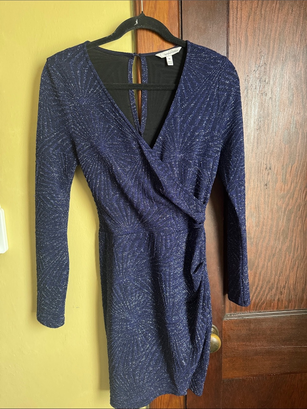 Speechless Navy Blue Metallic Wrap-Effect Long Sleeve Dress